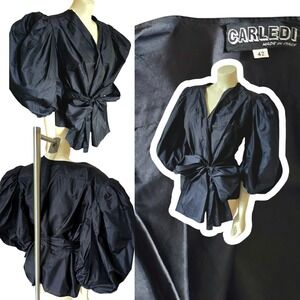 vtg pure silk black huge puffy sleeves Carledi Italy jacket with wrap belt sz 42